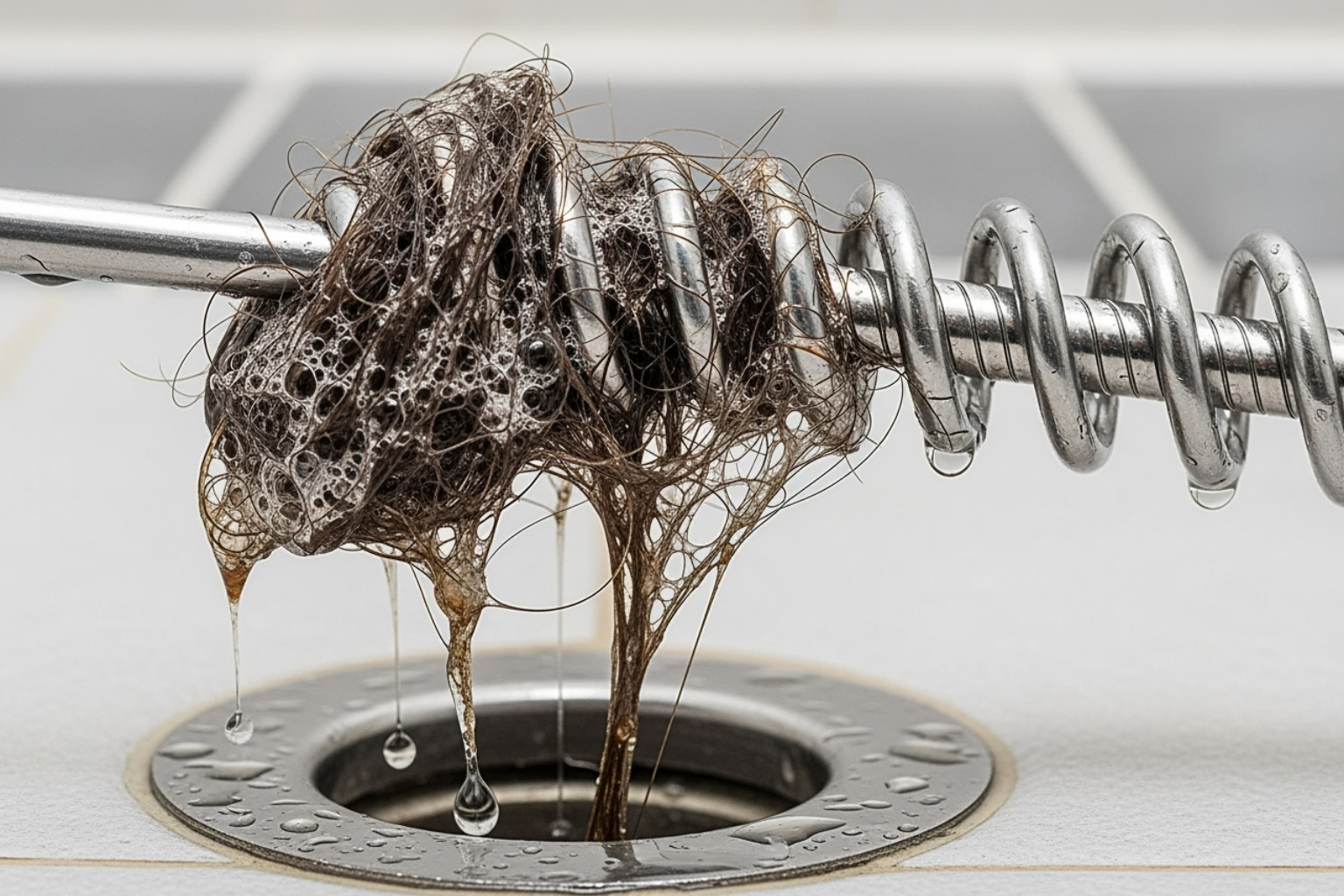 Close-up of a drain snake pulling out a hair clog - clean out shower drain Close-up of a drain snake pulling out a hair clog - clean out shower drain