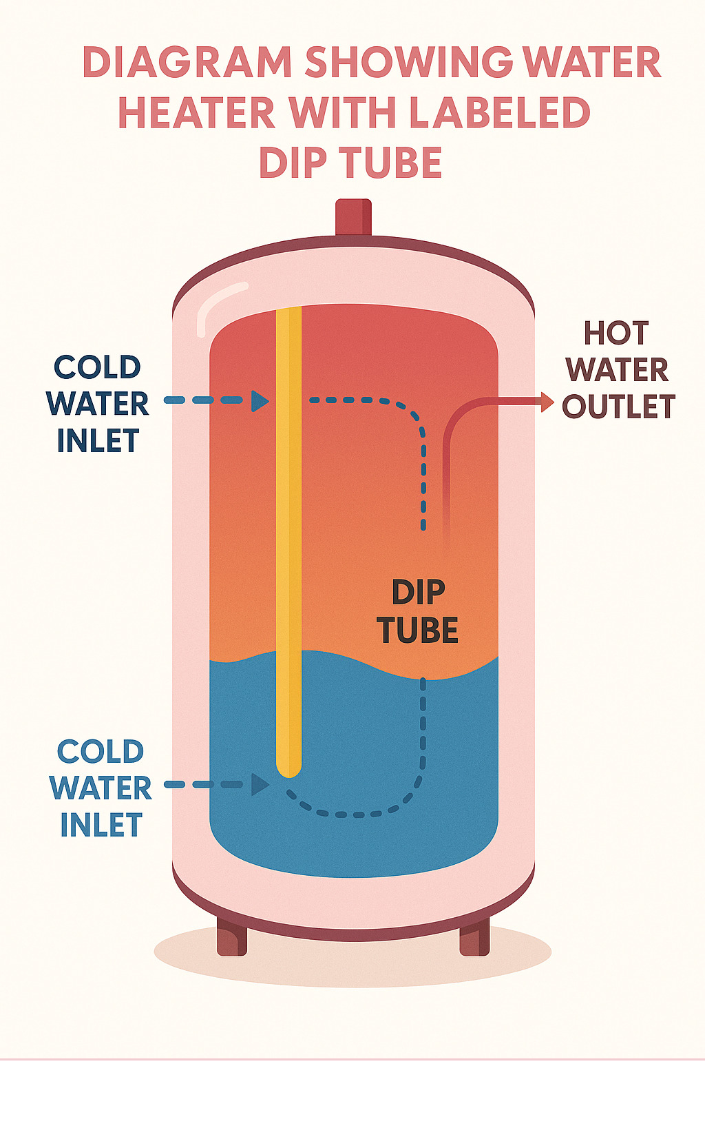 Diagram showing water heater with labeled dip tube, cold water inlet, hot water outlet, and the flow path of water through the tank - water heater dip tube replacement infographic Diagram showing water heater with labeled dip tube, cold water inlet, hot water outlet, and the flow path of water through the tank - water heater dip tube replacement infographic