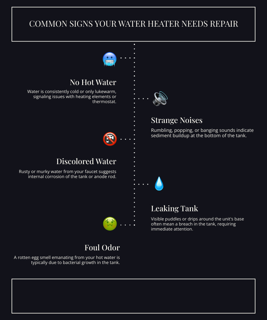 Infographic showing common signs that indicate a water heater needs professional repair, including no hot water, strange noises like rumbling or popping, rusty or discolored water, visible leaks around the tank, foul odors from water, and low water pressure - water heater repair professionals infographic infographic-line-5-steps-dark Infographic showing common signs that indicate a water heater needs professional repair, including no hot water, strange noises like rumbling or popping, rusty or discolored water, visible leaks around the tank, foul odors from water, and low water pressure - water heater repair professionals infographic infographic-line-5-steps-dark