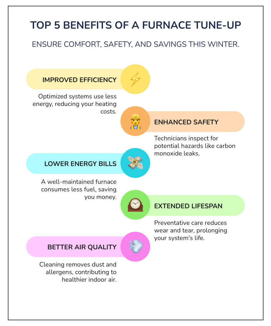 Infographic showing the top benefits of furnace tune-ups: improved energy efficiency resulting in average annual savings, extended system lifespan through preventative care, enhanced home comfort with even heating distribution, better indoor air quality by removing allergens and dust, and reduced risk of unexpected winter breakdowns - furnace tune up specials infographic infographic-line-5-steps-colors Infographic showing the top benefits of furnace tune-ups: improved energy efficiency resulting in average annual savings, extended system lifespan through preventative care, enhanced home comfort with even heating distribution, better indoor air quality by removing allergens and dust, and reduced risk of unexpected winter breakdowns - furnace tune up specials infographic infographic-line-5-steps-colors