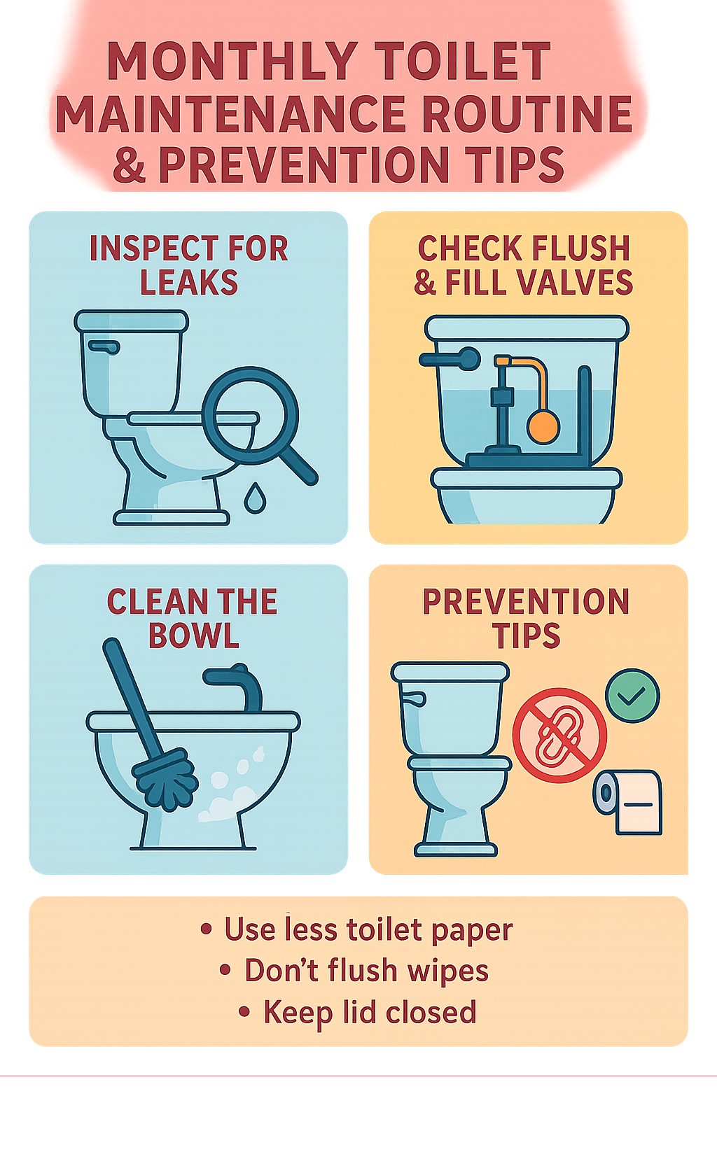 Infographic showing monthly toilet maintenance routine and prevention tips - clogged toilet infographic Infographic showing monthly toilet maintenance routine and prevention tips - clogged toilet infographic