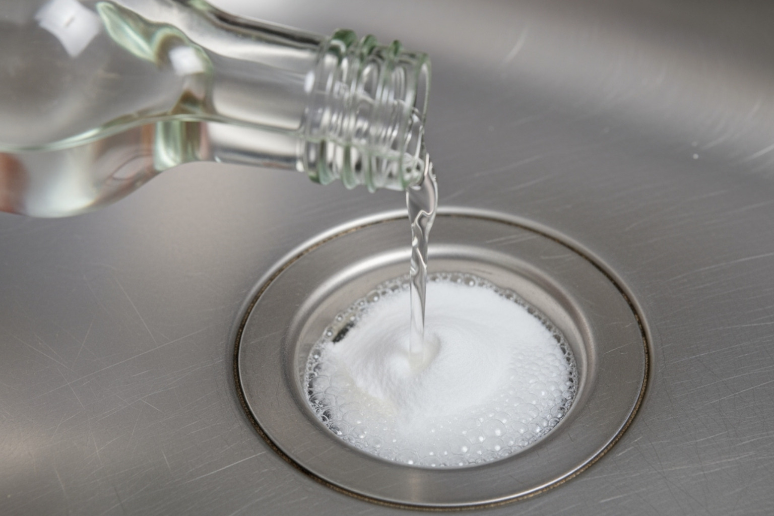Close-up of vinegar being poured into a sink drain with baking soda - baking soda to clean drain pipes Close-up of vinegar being poured into a sink drain with baking soda - baking soda to clean drain pipes