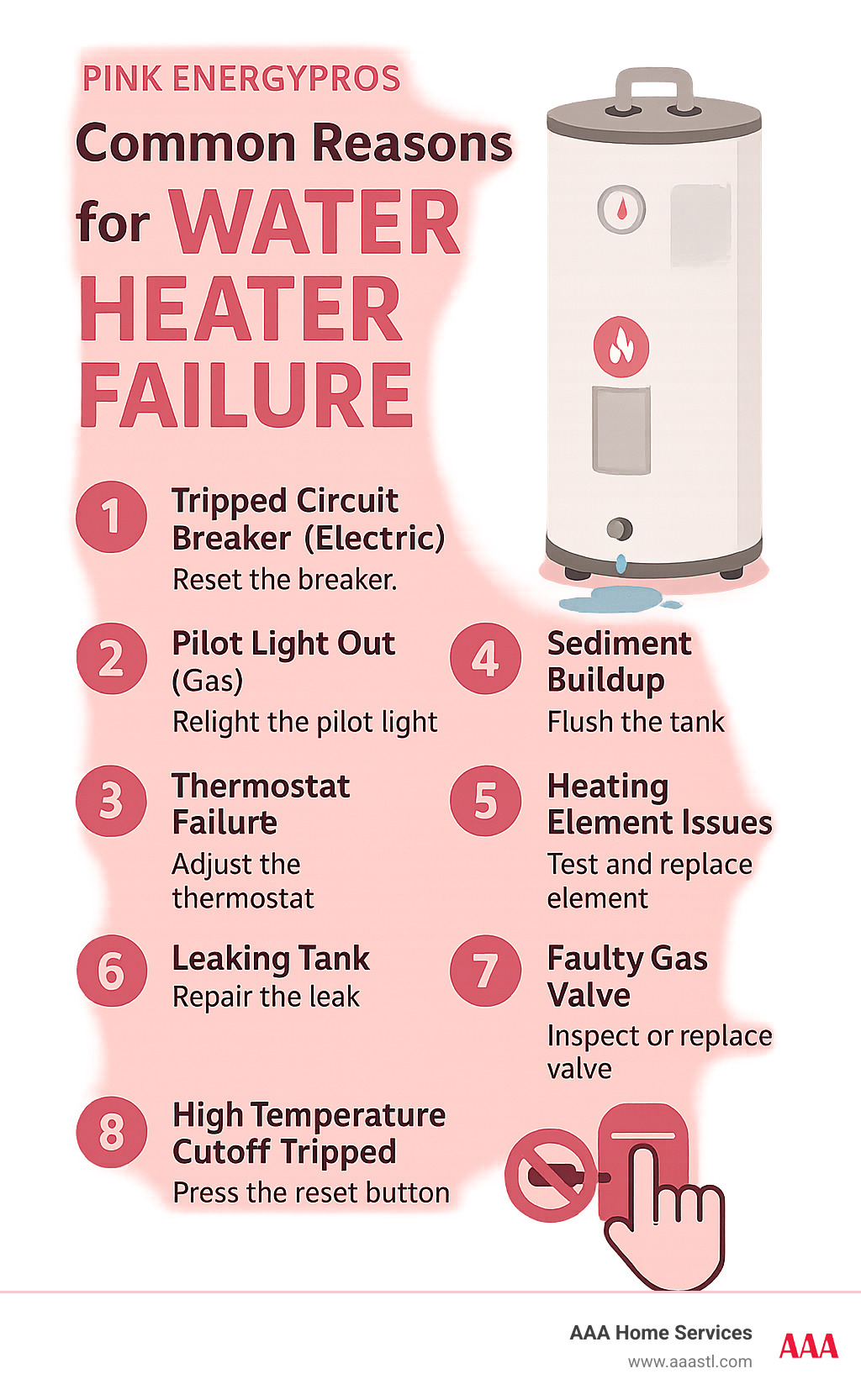 Common reasons for water heater failure showing: 1. Tripped circuit breaker (electric), 2. Pilot light out (gas), 3. Sediment buildup, 4. Thermostat failure, 5. Heating element issues, 6. Leaking tank, 7. Faulty gas valve, 8. High temperature cutoff tripped, with troubleshooting steps for each - hot water heater stops working infographic Common reasons for water heater failure showing: 1. Tripped circuit breaker (electric), 2. Pilot light out (gas), 3. Sediment buildup, 4. Thermostat failure, 5. Heating element issues, 6. Leaking tank, 7. Faulty gas valve, 8. High temperature cutoff tripped, with troubleshooting steps for each - hot water heater stops working infographic