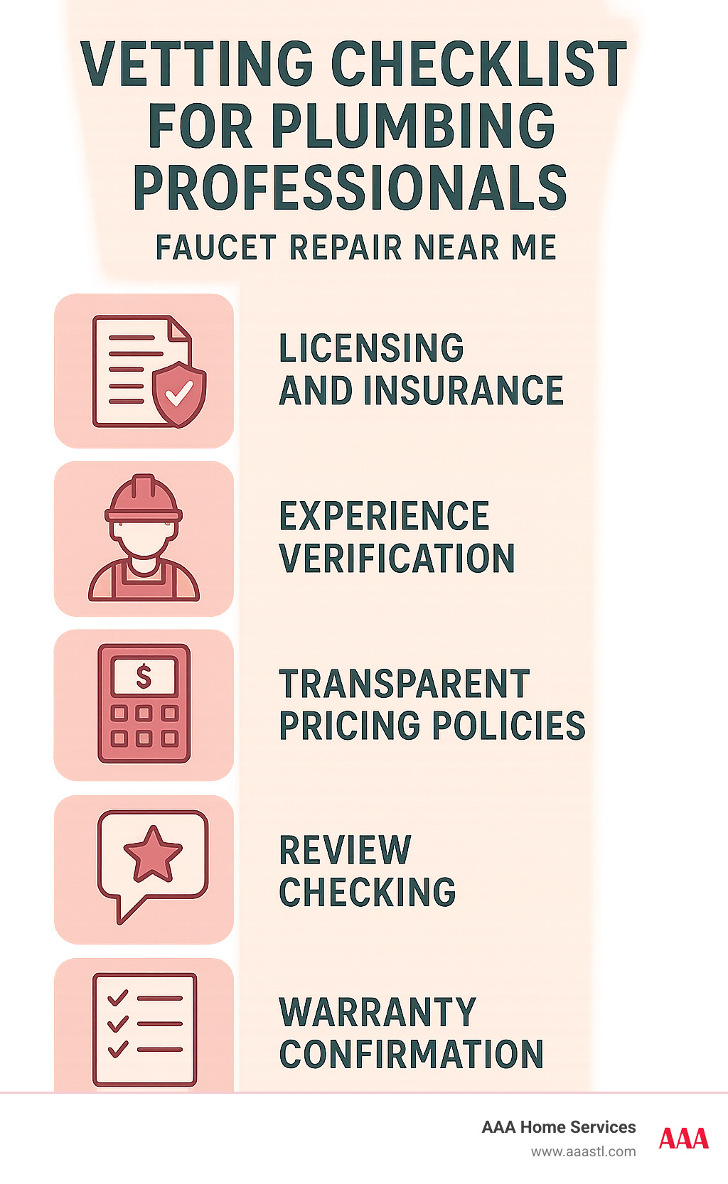 Leaky Faucet? Local Plumbers Ready to Help 6 Vetting checklist for plumbing professionals showing licensing requirements, experience verification, transparent pricing policies, review checking, and warranty confirmation - faucet repair near me infographic