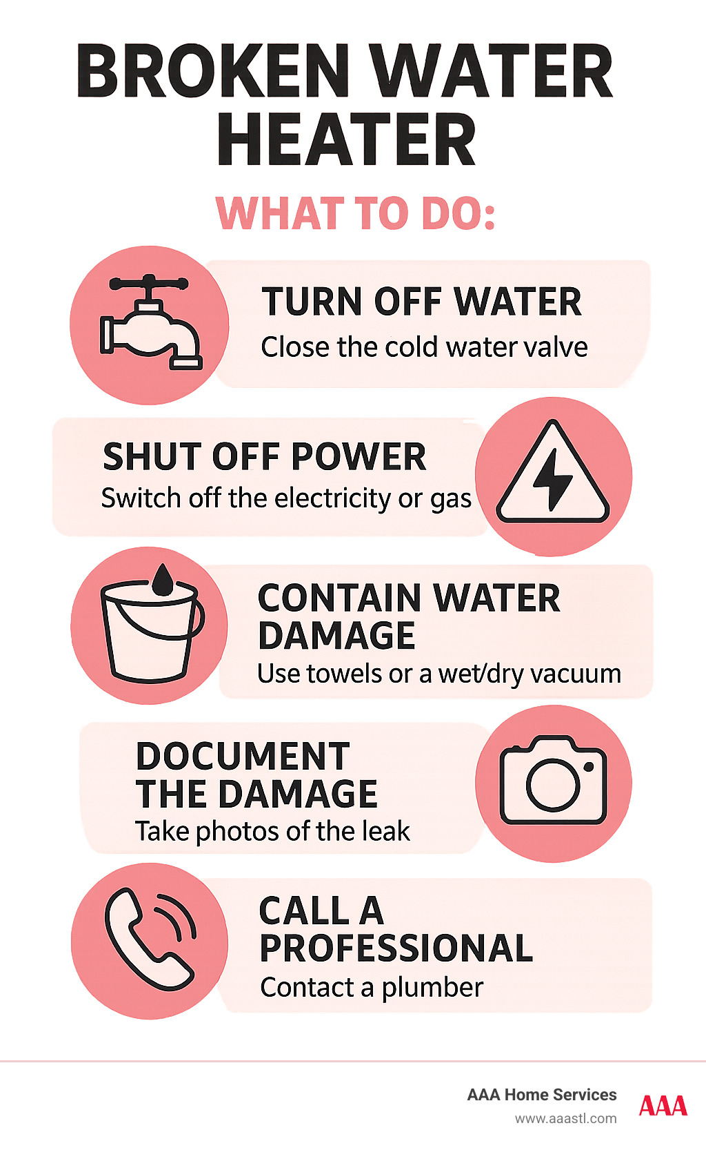 Step-by-step emergency response procedure for broken water heater including water shutoff, power disconnection, damage control, documentation, and professional contact information - broken water heater infographic Step-by-step emergency response procedure for broken water heater including water shutoff, power disconnection, damage control, documentation, and professional contact information - broken water heater infographic
