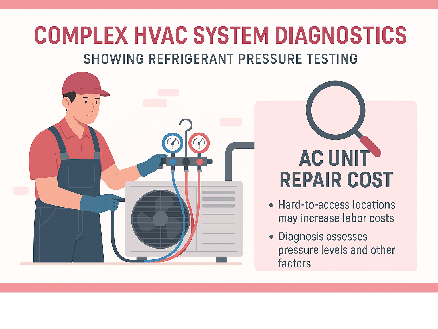 Complex HVAC system diagnostics showing refrigerant pressure testing - ac unit repair cost infographic Complex HVAC system diagnostics showing refrigerant pressure testing - ac unit repair cost infographic