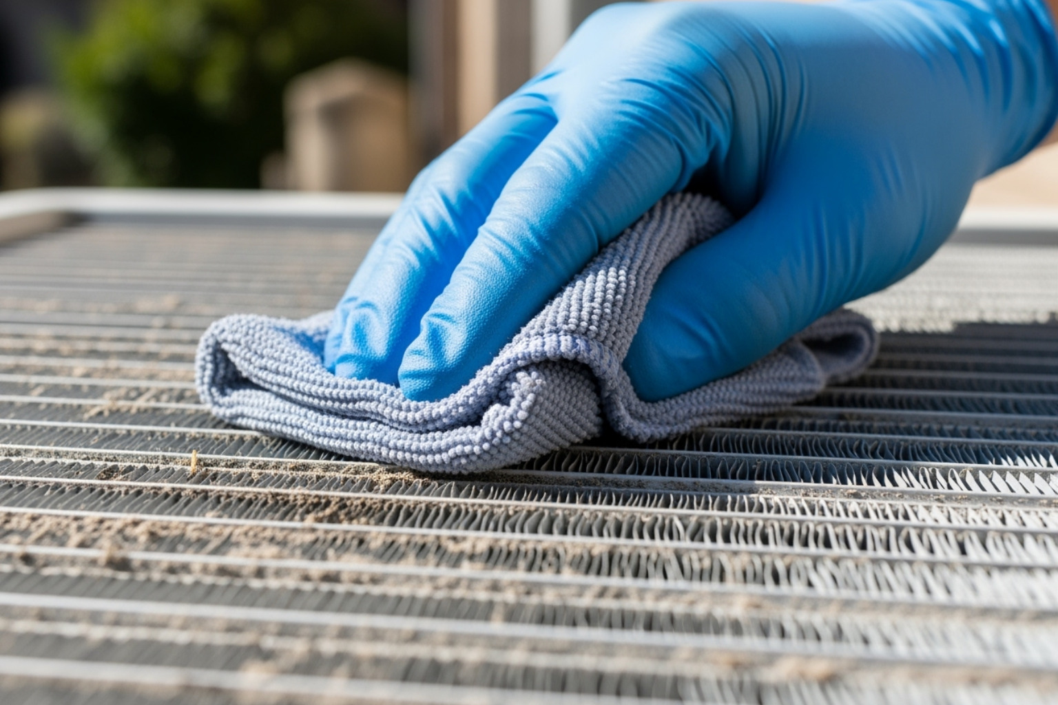 technician's gloved hand wiping down an AC condenser coil - ac tune up st louis technician's gloved hand wiping down an AC condenser coil - ac tune up st louis