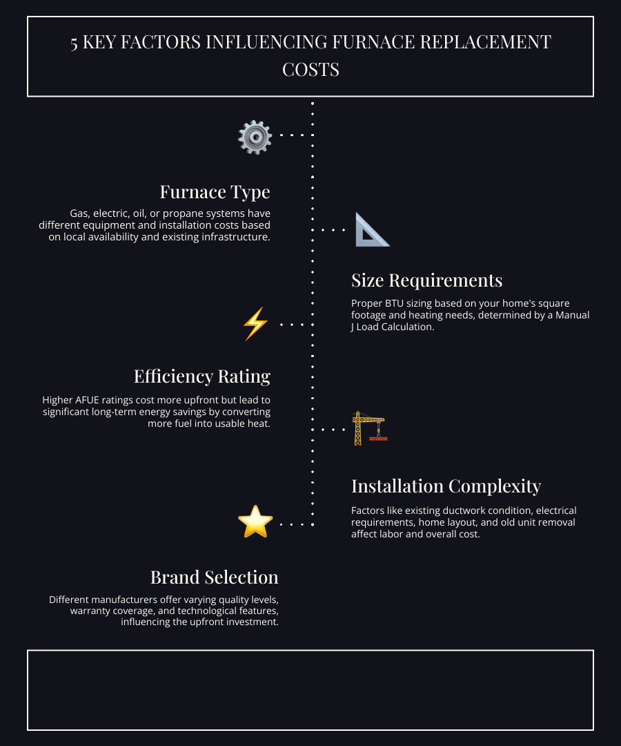 Detailed infographic showing the 5 key factors that influence furnace replacement costs: Type of fuel system with icons for gas, electric, oil and propane; Size requirements showing BTU calculations for different home square footages; Efficiency ratings displaying AFUE percentages from 80% to 98%; Installation complexity showing ductwork, electrical connections, and home layout considerations; Brand selection displaying warranty periods and quality tiers - how much does it cost to replace a furnace infographic infographic-line-5-steps-dark Detailed infographic showing the 5 key factors that influence furnace replacement costs: Type of fuel system with icons for gas, electric, oil and propane; Size requirements showing BTU calculations for different home square footages; Efficiency ratings displaying AFUE percentages from 80% to 98%; Installation complexity showing ductwork, electrical connections, and home layout considerations; Brand selection displaying warranty periods and quality tiers - how much does it cost to replace a furnace infographic infographic-line-5-steps-dark