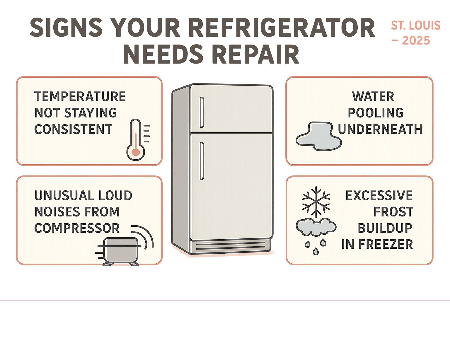 Infographic showing four key signs your refrigerator needs repair: temperature not staying consistent, water pooling underneath, unusual loud noises from compressor, and excessive frost buildup in freezer - fridge repair st louis infographic Infographic showing four key signs your refrigerator needs repair: temperature not staying consistent, water pooling underneath, unusual loud noises from compressor, and excessive frost buildup in freezer - fridge repair st louis infographic