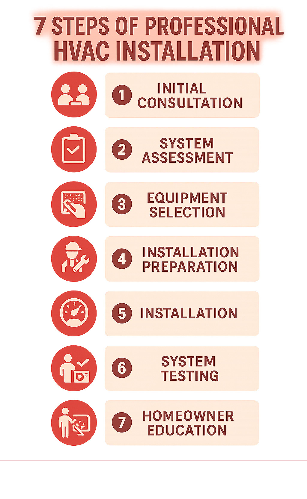 Infographic showing the 7 key steps of professional HVAC installation process from initial consultation through final system testing and homeowner education - heating and air installation infographic Infographic showing the 7 key steps of professional HVAC installation process from initial consultation through final system testing and homeowner education - heating and air installation infographic