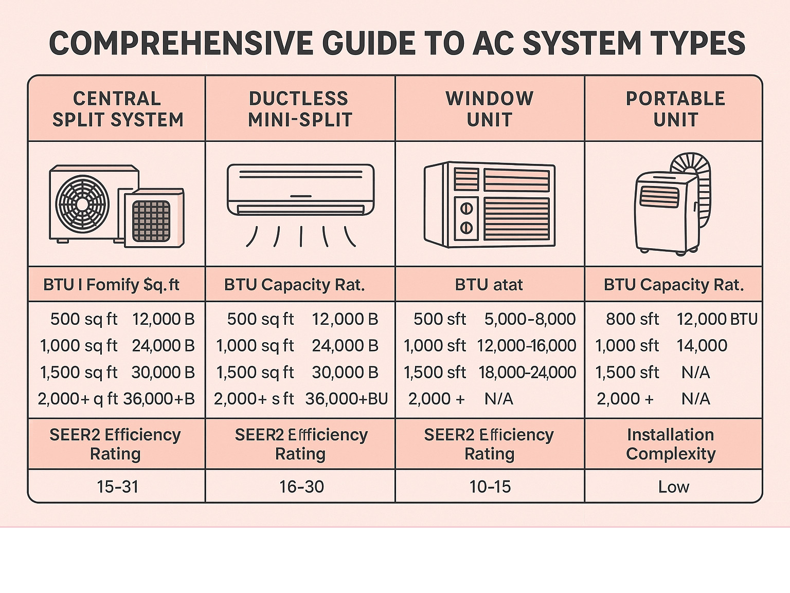 Comprehensive guide showing different AC system types (central split system, ductless mini-split, window unit, and portable unit) with BTU capacity ranges for different home sizes from 500 sq ft to 2000+ sq ft, including SEER2 efficiency ratings and installation complexity levels - home AC unit installation infographic Comprehensive guide showing different AC system types (central split system, ductless mini-split, window unit, and portable unit) with BTU capacity ranges for different home sizes from 500 sq ft to 2000+ sq ft, including SEER2 efficiency ratings and installation complexity levels - home AC unit installation infographic