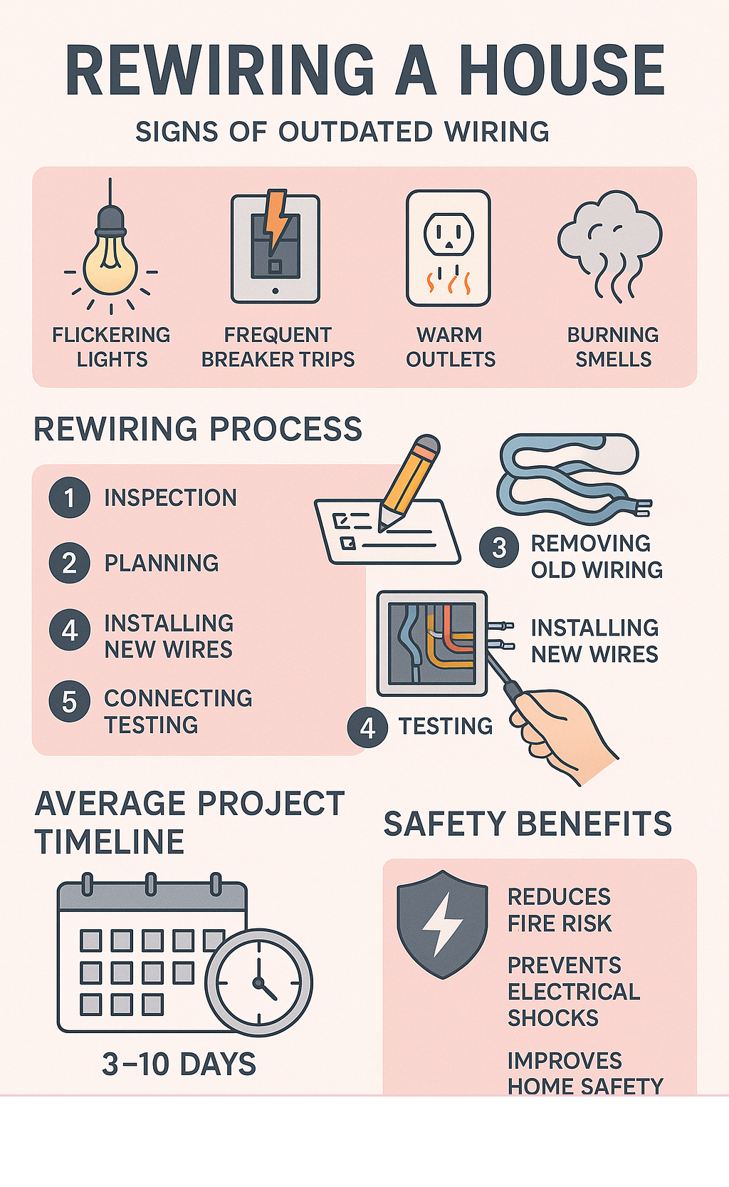 Infographic showing signs of outdated wiring, rewiring process steps, average project timeline, and safety benefits of updating electrical systems - rewiring a house infographic Infographic showing signs of outdated wiring, rewiring process steps, average project timeline, and safety benefits of updating electrical systems - rewiring a house infographic