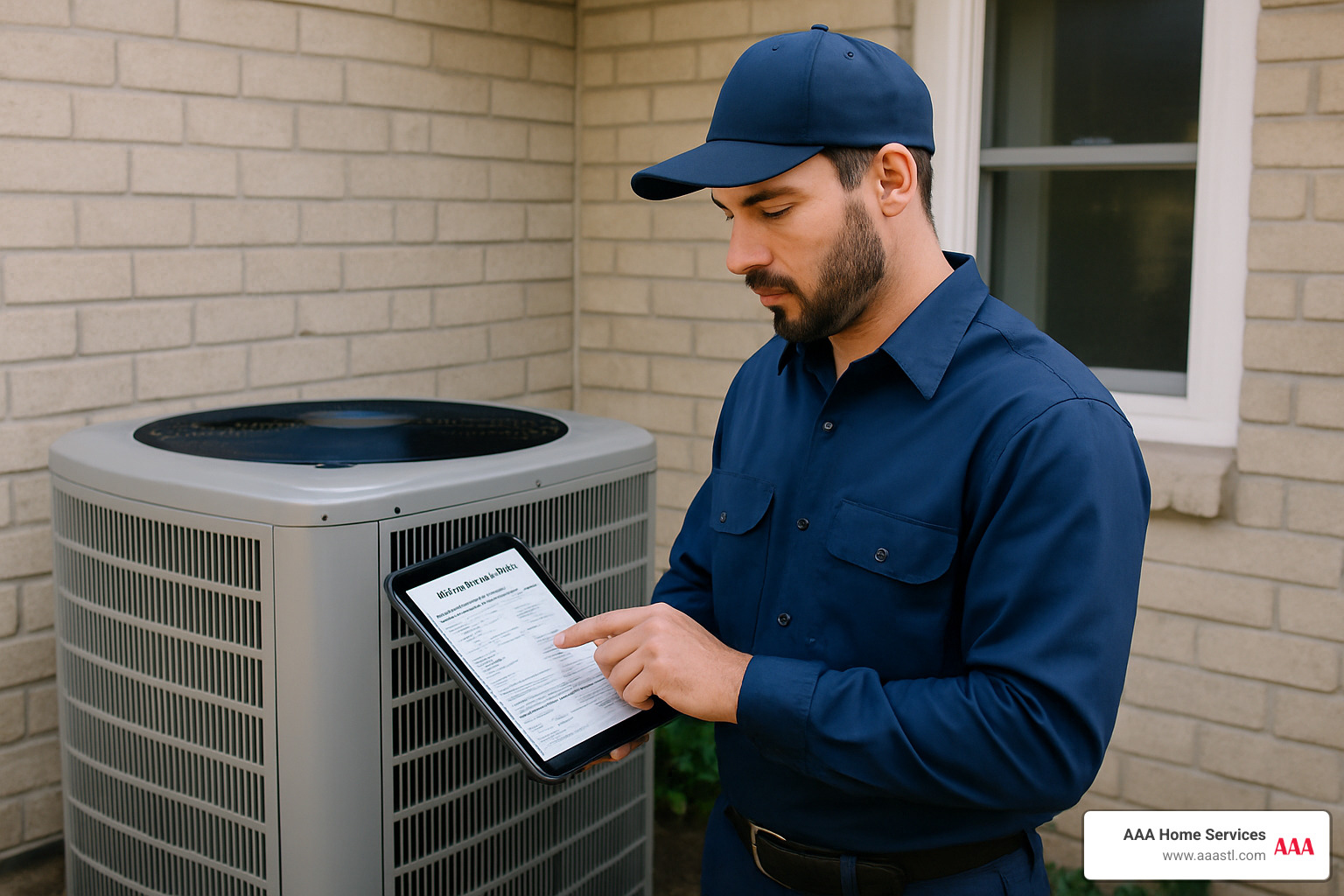 Technician documenting service details on digital report - ac maintenance company Technician documenting service details on digital report - ac maintenance company