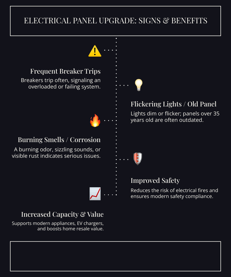 Infographic showing warning signs of outdated electrical panels including frequent breaker trips, flickering lights, burning smells, visible corrosion, homes over 35 years old, and reliance on extension cords, alongside benefits of upgrading such as improved safety, increased capacity, home value boost, and support for modern appliances - Electrical Panel Upgrade O'Fallon infographic infographic-line-5-steps-dark Infographic showing warning signs of outdated electrical panels including frequent breaker trips, flickering lights, burning smells, visible corrosion, homes over 35 years old, and reliance on extension cords, alongside benefits of upgrading such as improved safety, increased capacity, home value boost, and support for modern appliances - Electrical Panel Upgrade O'Fallon infographic infographic-line-5-steps-dark