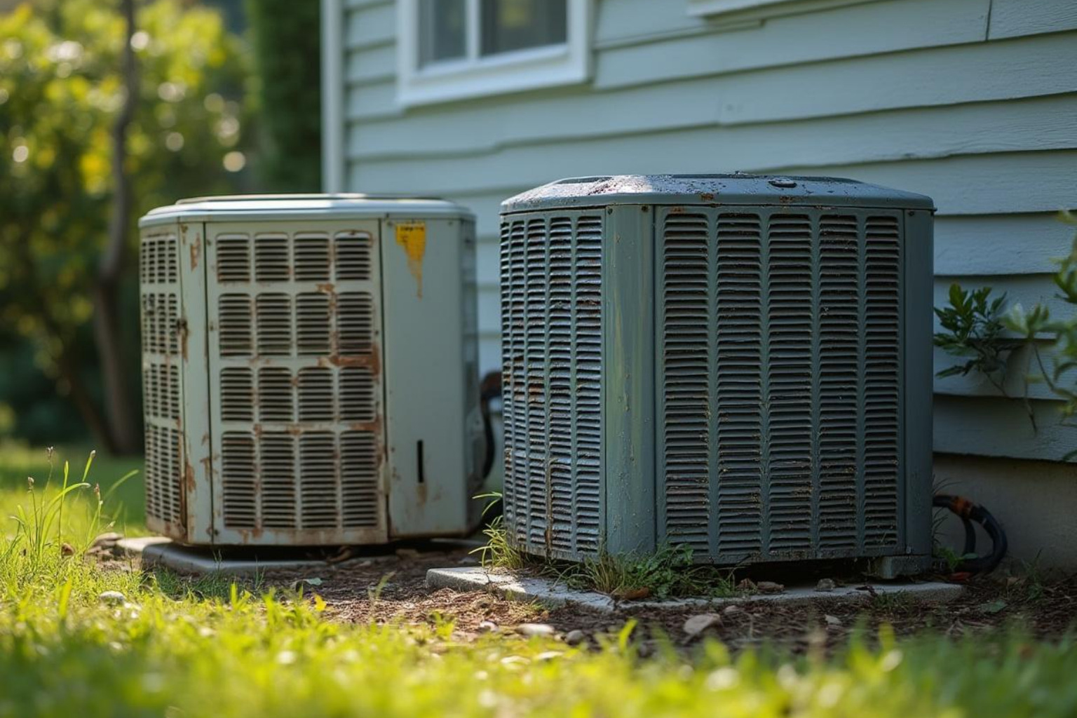 an older, weathered outdoor air conditioning unit next to a pristine, new one - average cost to replace heating and cooling system an older, weathered outdoor air conditioning unit next to a pristine, new one - average cost to replace heating and cooling system
